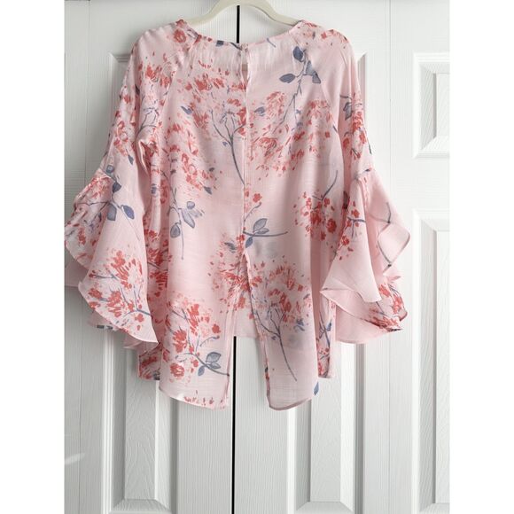 LC Lauren Conrad Blouse Size S Pink Floral Asymmetrical Bell Sleeve Pullover - Picture 2 of 11
